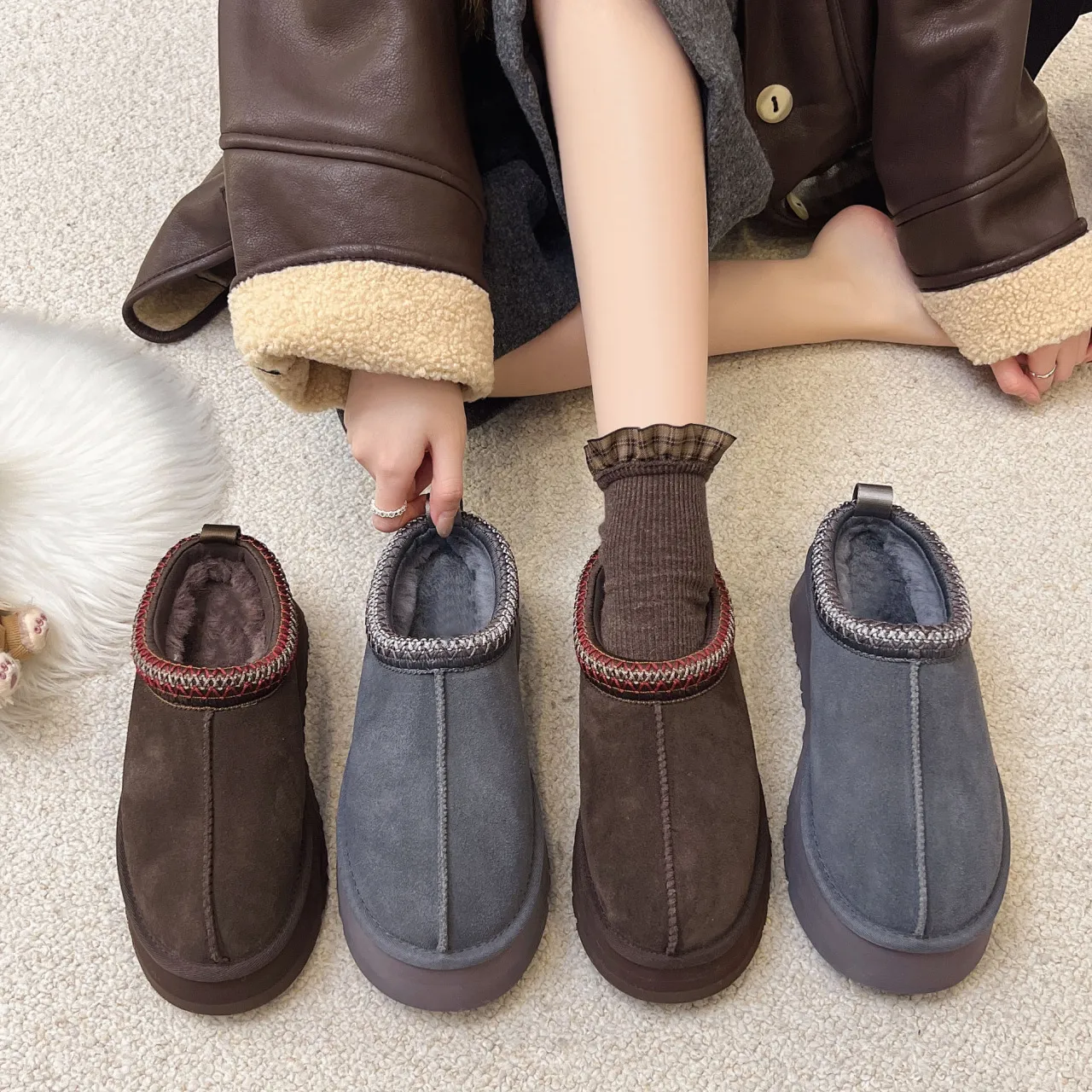 2025 New Lazy Shoes Thick-Soled Pine Cream Wool Shoes Hairy Shoes Large Size Wearing Warm Fashion Side Of The Female Cotton Drag HZ0115