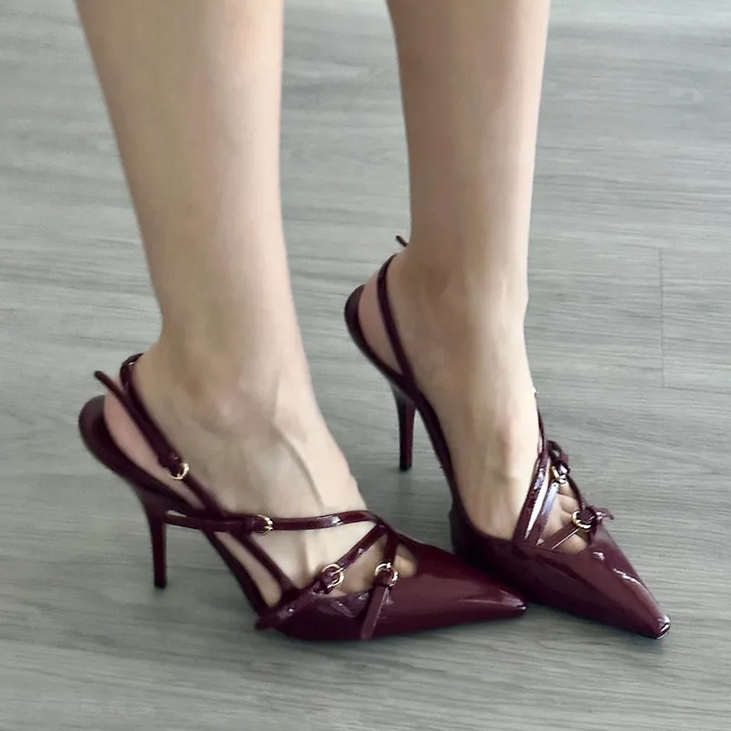 2025 New Leather With Cat Heel Sandals Female Sense Black Sharp Tip High Heel High Heel HZ0115