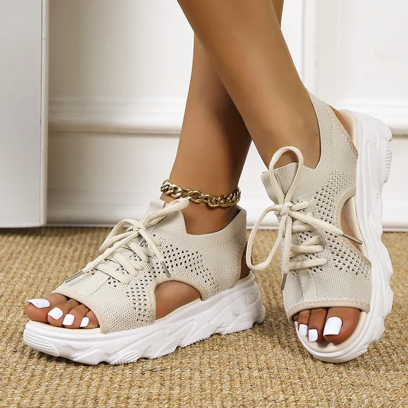 Large-Size Sports Sandals Women 2025 Summer New Thick-Soled Flying Soft Base Leisure Flat Bottom Hollow Fish Mouth Beach Sandals HZ0115