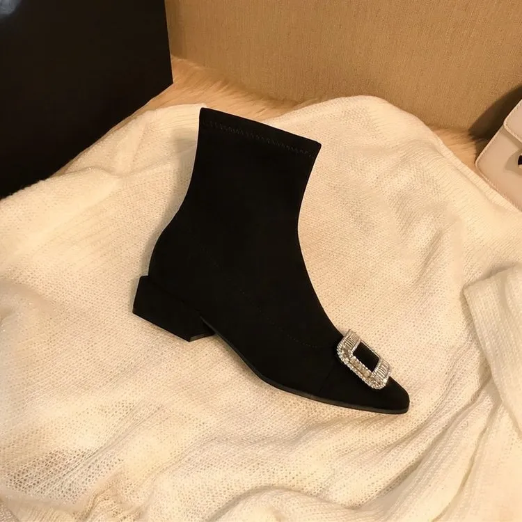 Shine The Artifact! Square Head Showing Thin Elastic Boots In The Short Cylinder With Water Drill Black Thin Skinny Boots HZ0115