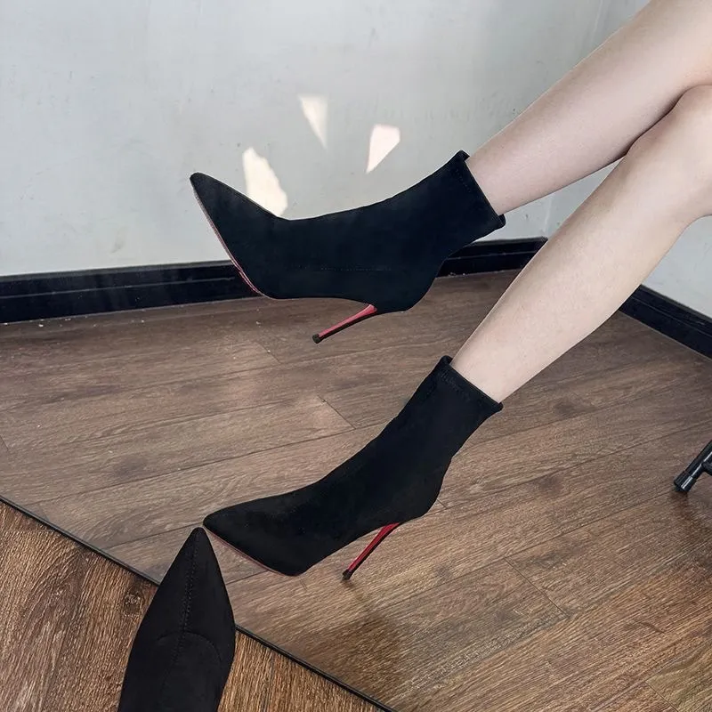 Fine And Elastic Boots Boots Short Boots Black Red Background French Fashion Tip High With The New Thin Boots HZ0115