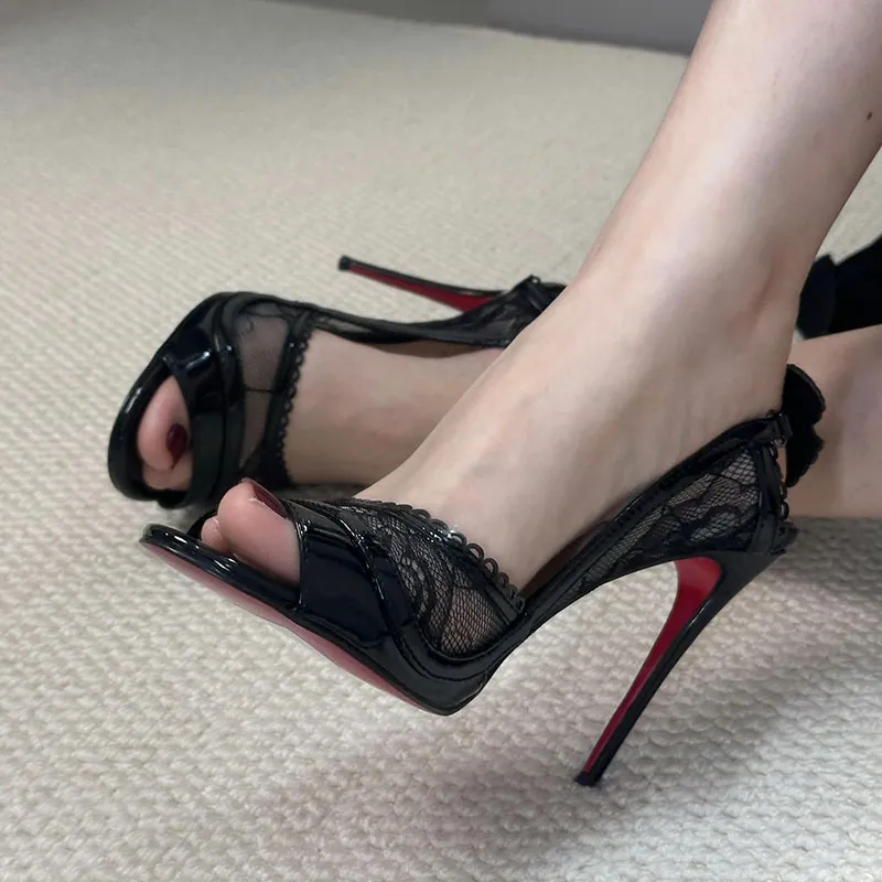 2025 Summer New Fish Mouth Lace Black High Heels Female Fine Heel Sexy Sister Bow With Sandals HZ0115