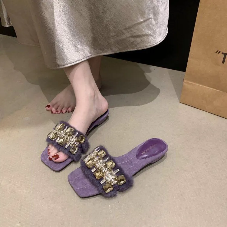 Cold Slippers Women In The Summer Of 2025 New Soft Glutinous Wear! Milk Tea Apricot Water Drilling Temperament Exposed Toe Hairy Shoes HZ0115
