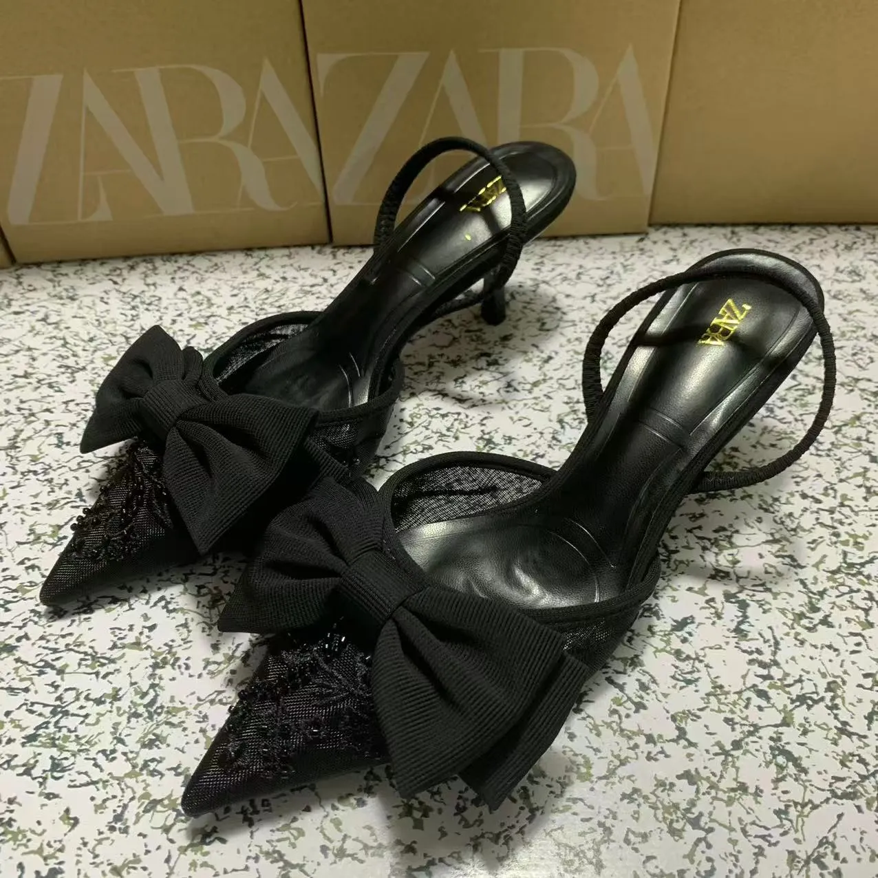 ZA Home 2025 New Women's Shoes Low Heel High Heels High-Heeled Shoes Back Mouth Studded Single Shoes Black Bow HZ0115