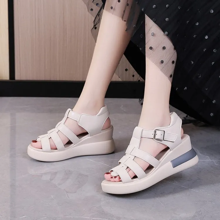 2025 Spring And Summer New Women's Thick Bottom Slope And Dew Buckle Casual Pine Sandals Roman Sandals HZ0115