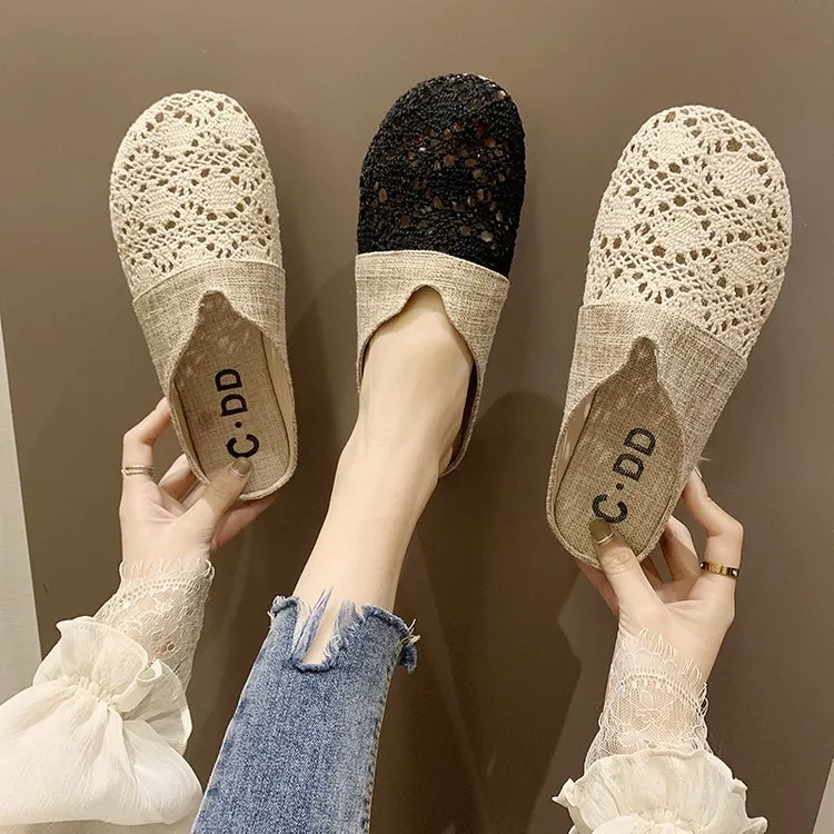 Baotou Slippers Women 2025 New Summer Fashion Wear Mesh Half-Drag Flat Bottom Without A Back And Lazy Cold Slippers HZ0115
