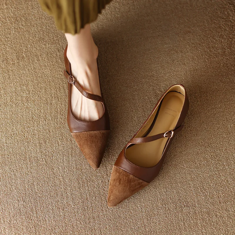 Vintage Brown Pointed Single Shoe Women 2025 New Flat Heeled Clasp With French Flat Shoes HZ0115