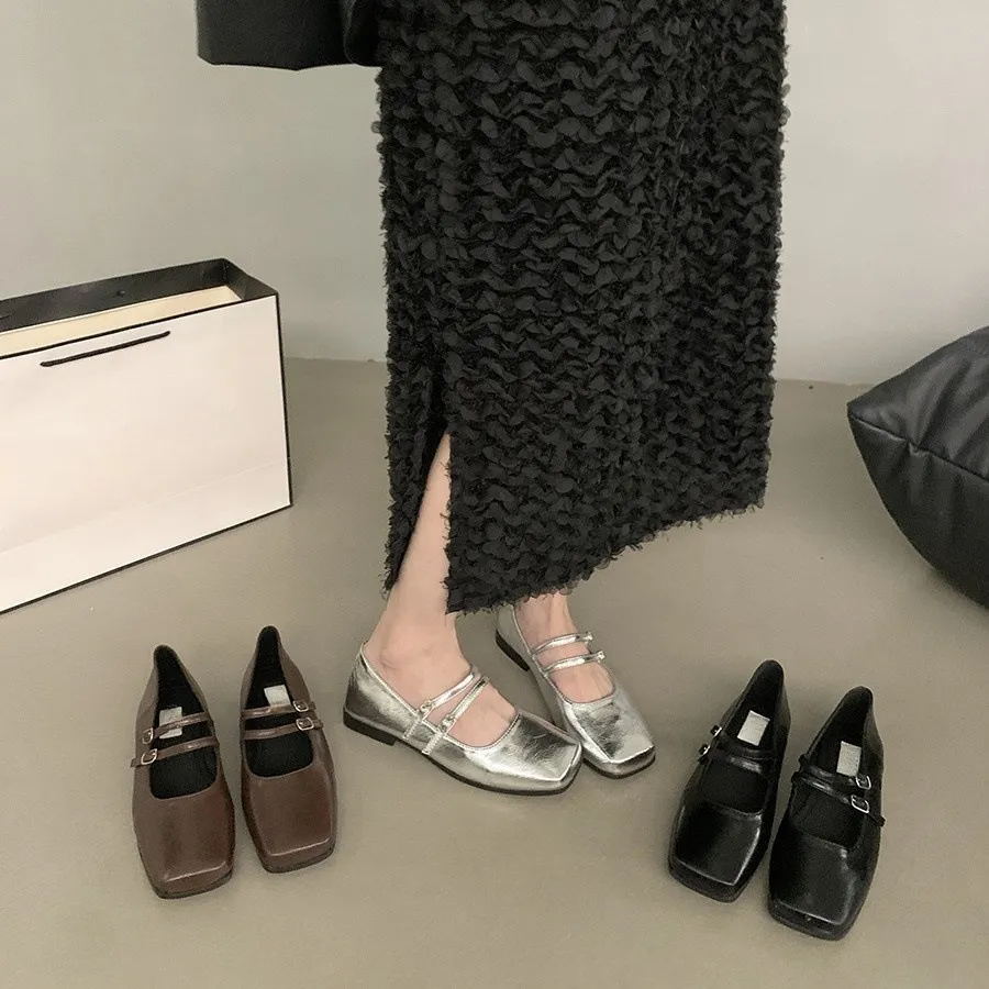 French Flat Silver Mary Jane Single Shoes Women's Shoes 2025 New Summer Square Gentle Korean Version Of Small Leather Shoes HZ0115