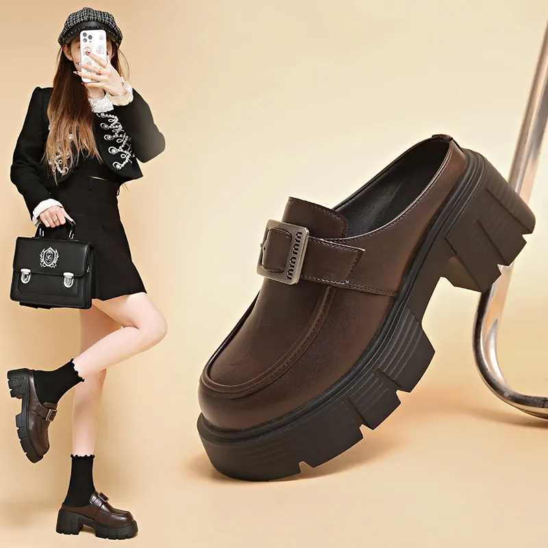 Baotou Half Slippers Women In The Autumn Of 2025 New Lazy People Wearing High-End Cool Slippers Thick Bottom Height Women's Shoes HZ0115