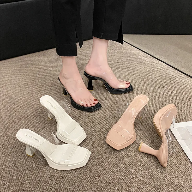 High-Heeled Women 2025 Summer New Thin Heel Waterproof Table Half-Slipper Transparent With Sandals Women Slippers Women's Shoes HZ0115