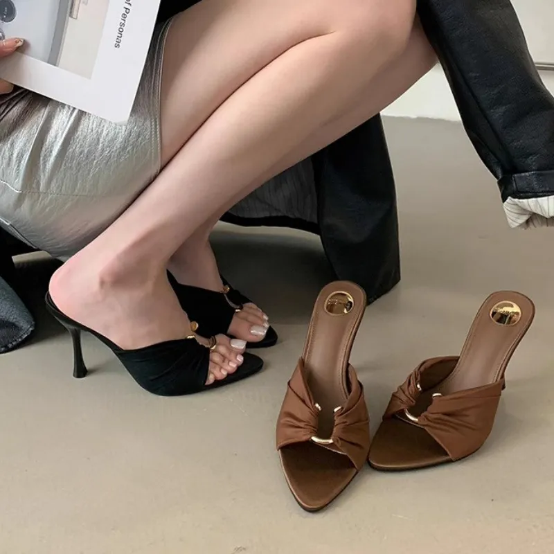 High-Heeled Women's Summer Wear 2025 New Fine Heel Folded Metal Buckle Tip-Toe Cold Drag Sexy Thin Shoes HZ0115