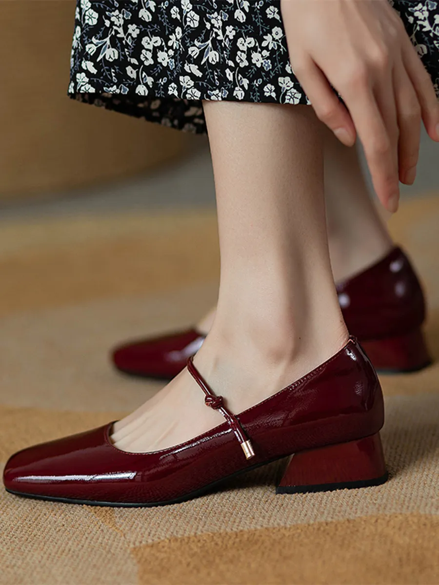 2025 Spring Red Patent Leather Side Head Shallow Mouth Thick Low Heel French Retro Word With Mary Jane Singles Shoes HZ0115