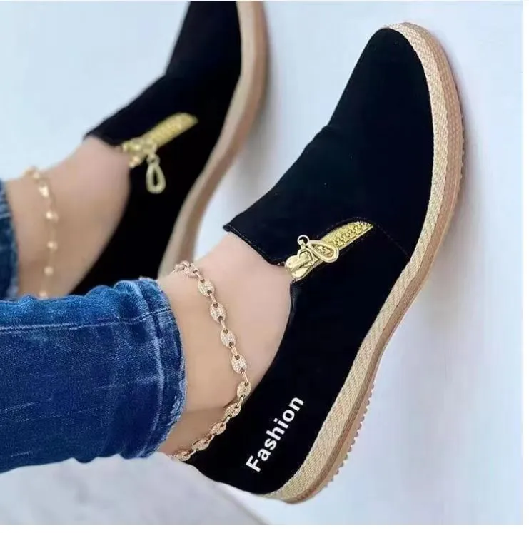 New Single-Shoe Women's Light Mouth Casual Solid Color Side Zipper Loose Bottom Rope Large Women's Single Shoes HZ0115
