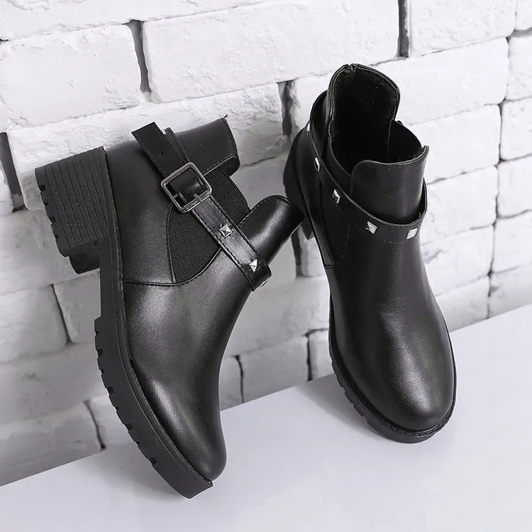 2025 Autumn And Winter New Thick And Martin Boots Women's Round Head Rivet Belt Buckle Plus Velvet Short Boots Fashion Thin Boots HZ0115