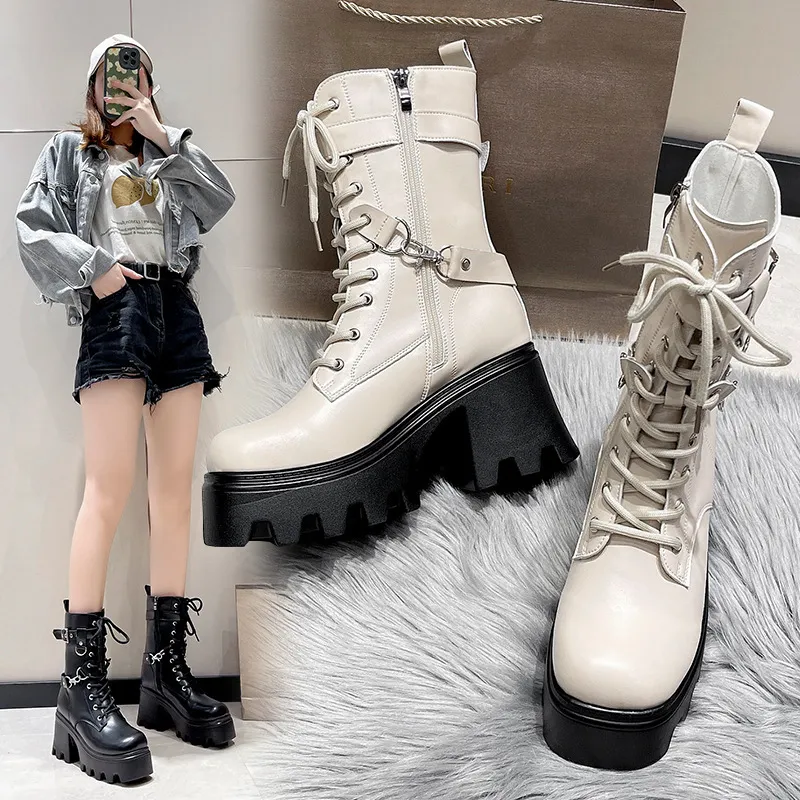 Large Size 35-422025 Spring New Thick-Bottomed Martin Boots Raised High-Pine Cake Bottom Locomotive Boots HZ0115