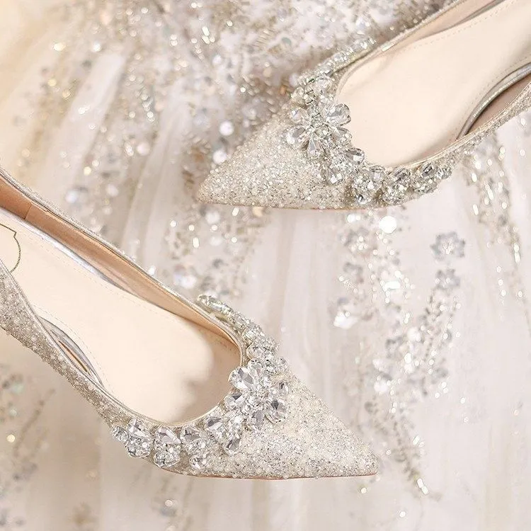 French High-Heeled Wedding Shoes Women's Crystal Bridal Shoes Fine Heel High-End Feeling Not Tired Wedding Dress Show Two Bridesmaid Shoes HZ0115