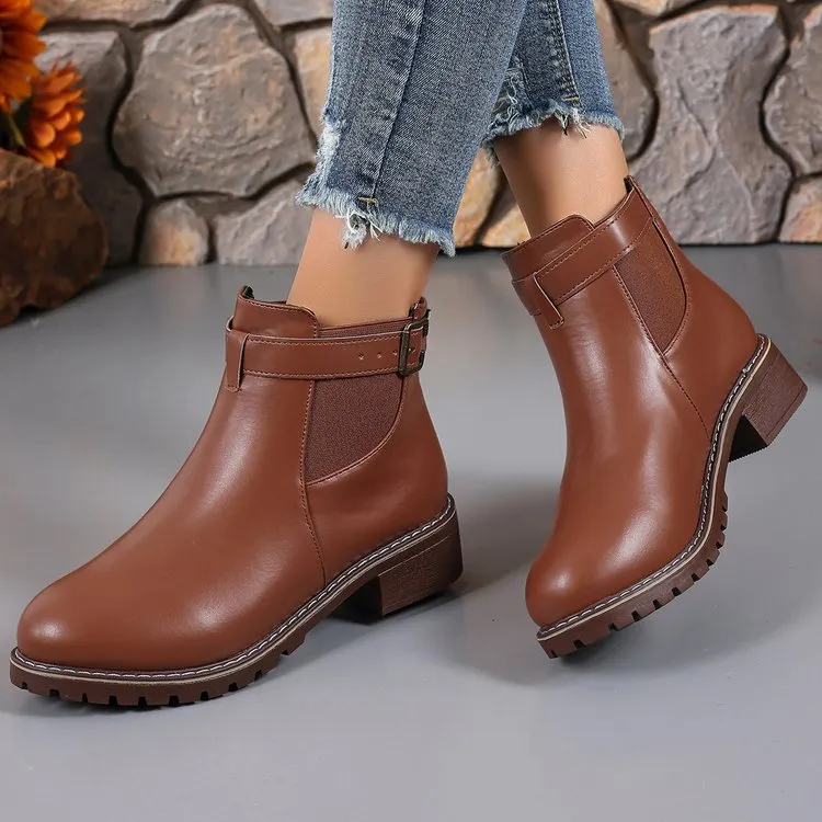Autumn And Winter New Large-Size Women Thick-Bottomed Boots Belt Buckle Decorated Round Head Short Boots Shoes HZ0115