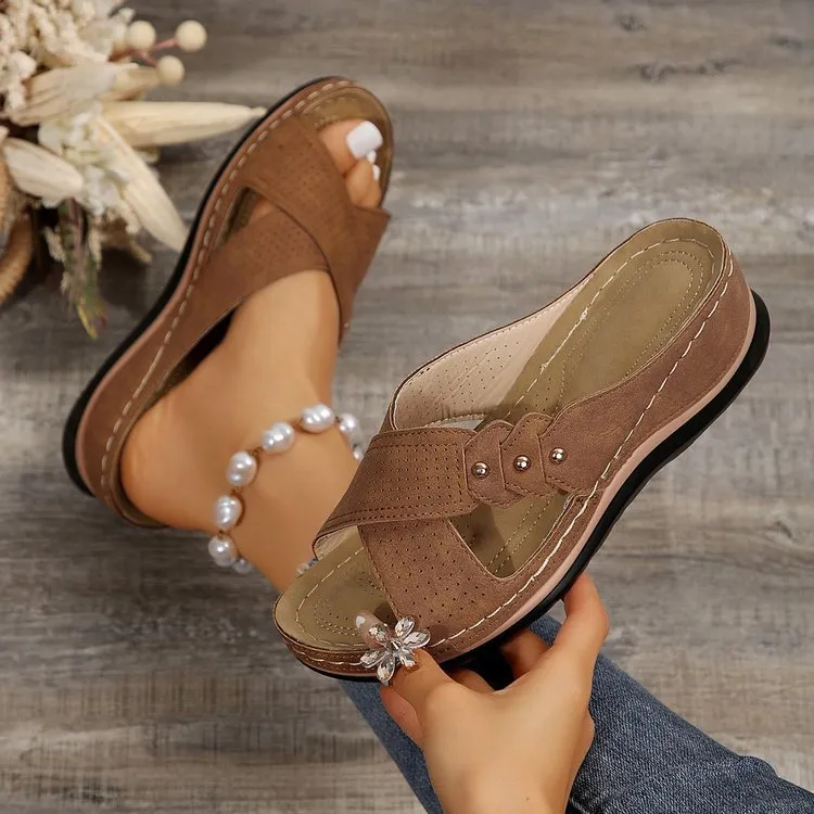 Slope And Flat Bottom Casual Slippers Women 2025 New Cross-Colored Large-Size Shoes HZ0115