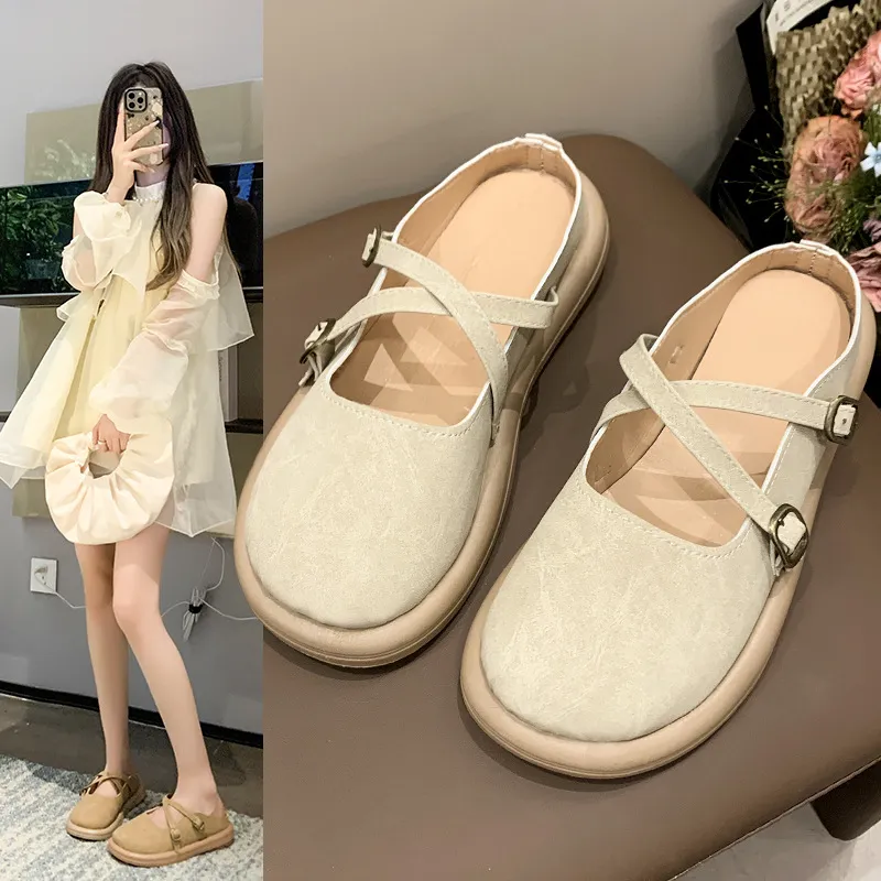 Slippers Women 2025 Autumn And Winter New Baotou Thick Bottom Half Slippers Fashion Round Head Cross Mary Jane Single Shoes HZ0115