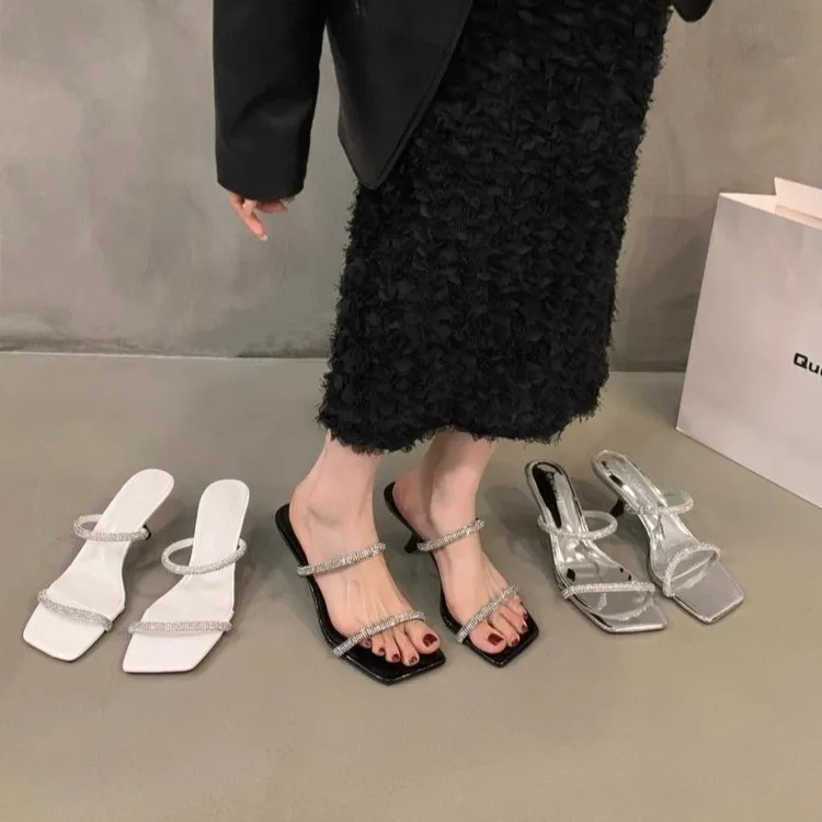 High-Heeled Women 2025 Summer New Thin Heel Water Drill With Slippers Black Temperament Wearing Sandals HZ0115