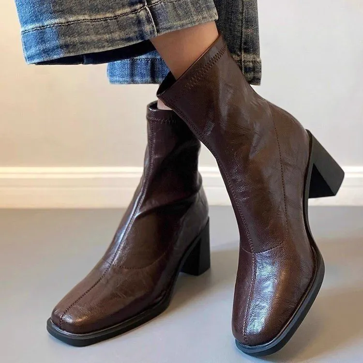 Martin Boots Women's French Ultra-Soft Skin Rough And 2025 Autumn And Winter Plus Velvet Retro Square Head High And Elastic Thin Short Boots HZ0115