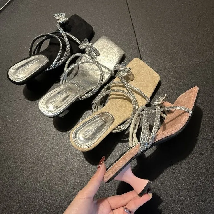 High-Heeled Women 2025 Summer New French Water Drill With Cool Drag Fashion Square Head Fine Heel Jacket Slippers HZ0115