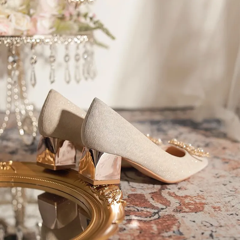 Single-Shoe Women 2025 New Spring And Autumn Sharp Champagne Wedding Shoes Wedding Shoes Autumn Wedding Coarse Heel High-Heeled Shoes HZ0115