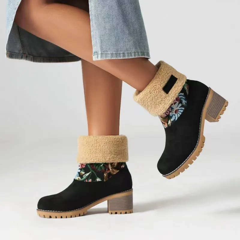 2025 Autumn And Winter New Snow Boots Flowers Scrub Coarse And Medium Boots Two Thick 43 Large Size To Keep Warm Cotton Boots HZ0115