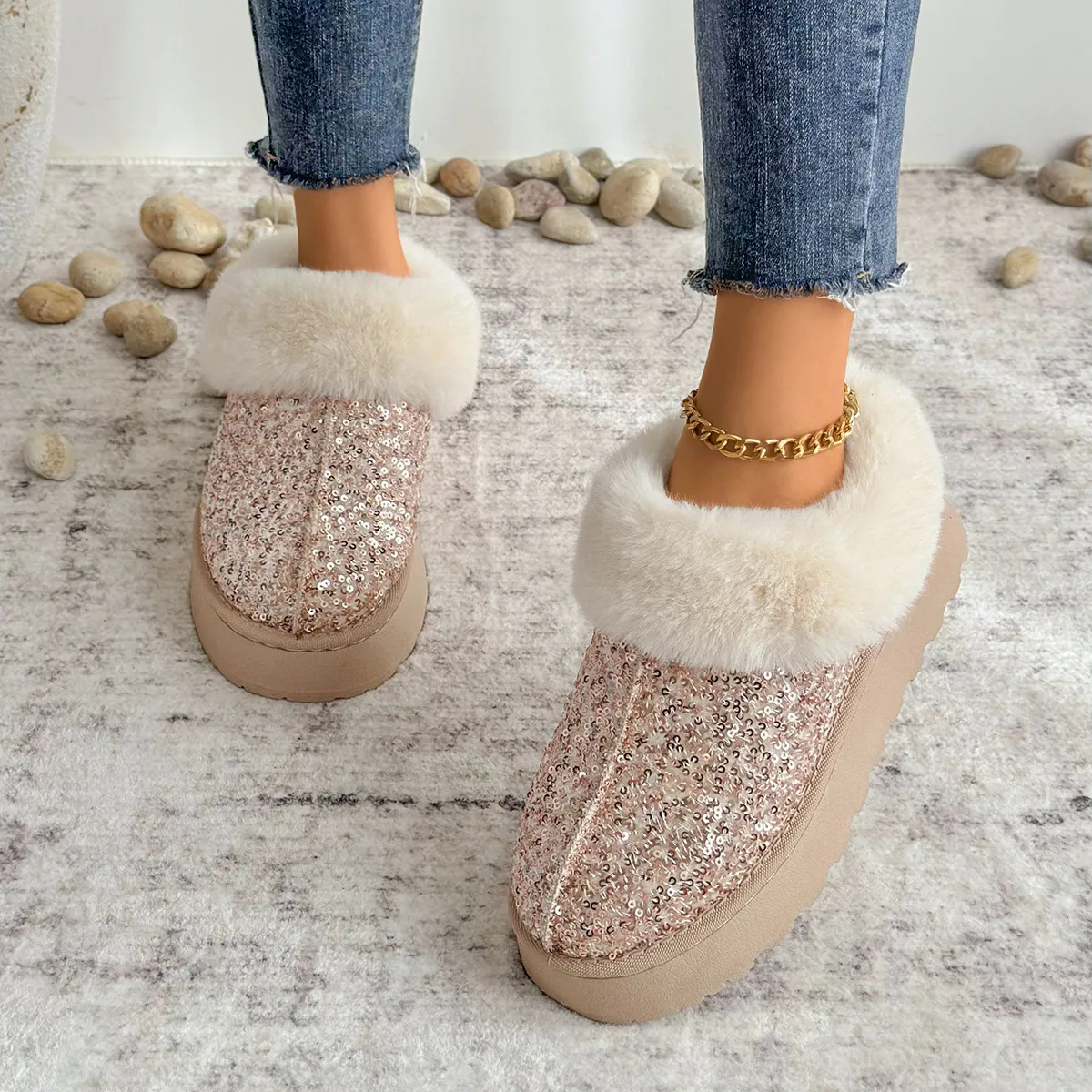 2025 Winter New Fur Integrated Large-Size Fashion Thick Bottom Snow Boots Northeast Thick Cotton Shoes Short Boots HZ0115