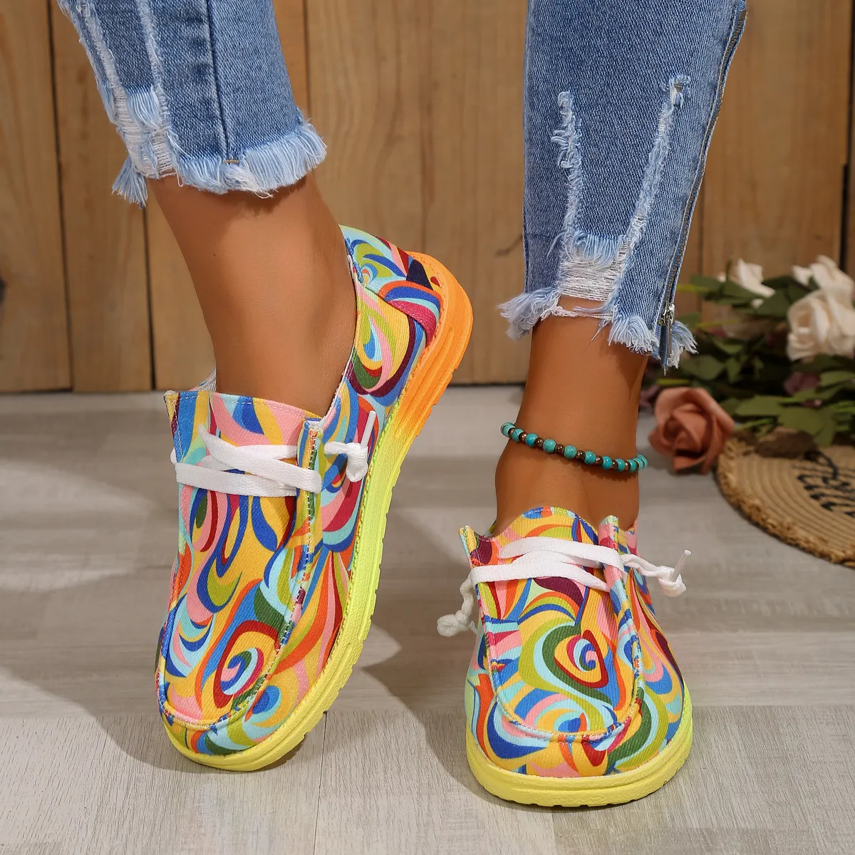 2025 New Large-Size Lace With Color Low-Top Single Shoes Women Graffiti Slacker Canvas Flat-Soled Single Shoes HZ0115