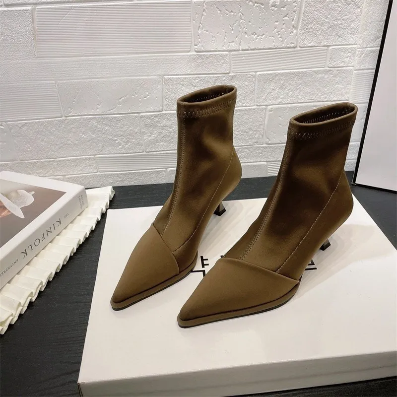 Tide-Brand Silk Satin Sleeve Tip-Headed Short Boots Women 2025 Autumn And Winter New Fine And Elastic Boots Short-Shot Thin Boots HZ0115