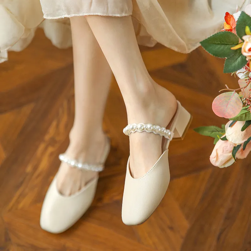 Pearl Bag Head Cool Slippers Women Fashion Wear 2025 Summer New Rough And Fairy Wind With French Half Slippers HZ0115