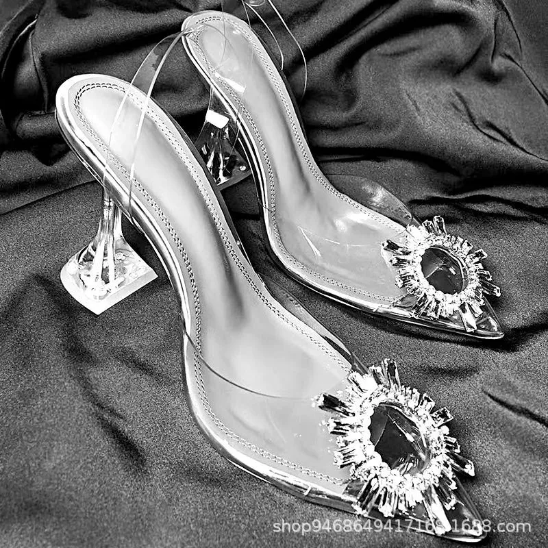Sharp-Headed Sandals Women 2025 New Summer Water Drill Buckle Transparent With Crystal Bao Head Drag Bridesmaid Wedding Shoes Women Shoes HZ0115