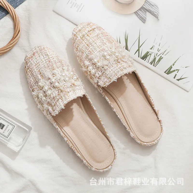 Net Red Fashion Bag Head Slippers 2025 Spring And Summer New Female Drag Large-Size Korean Version Of The Bow Pearl Low Heel Half-Tug HZ0115