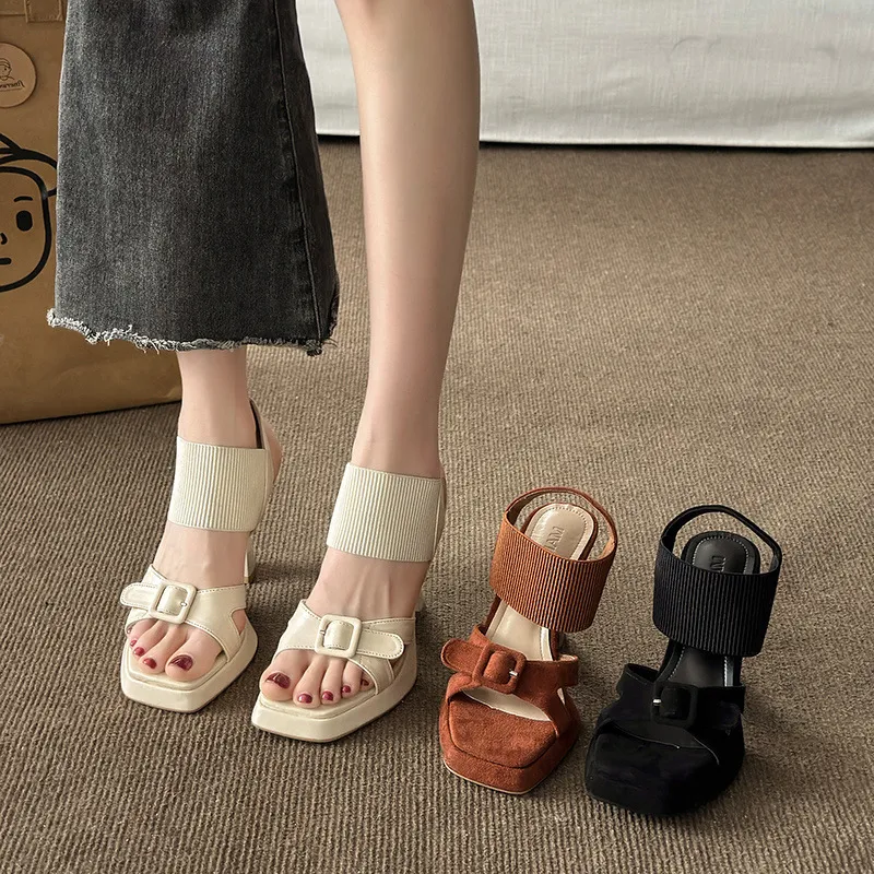 Tungry Side Thick Sole Fine Heel Sandals Women 2025 Summer New Belt Buckle Waterproof Toe High-Heeled Shoes HZ0115
