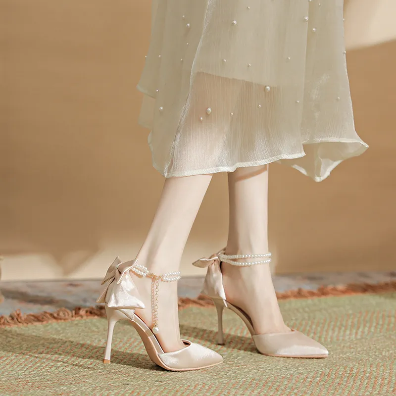 A Buckled Pearl Chain French-Style Bag Head Sandals Women's New Summer New White Wedding Champagne High Heels Single Shoes HZ0115