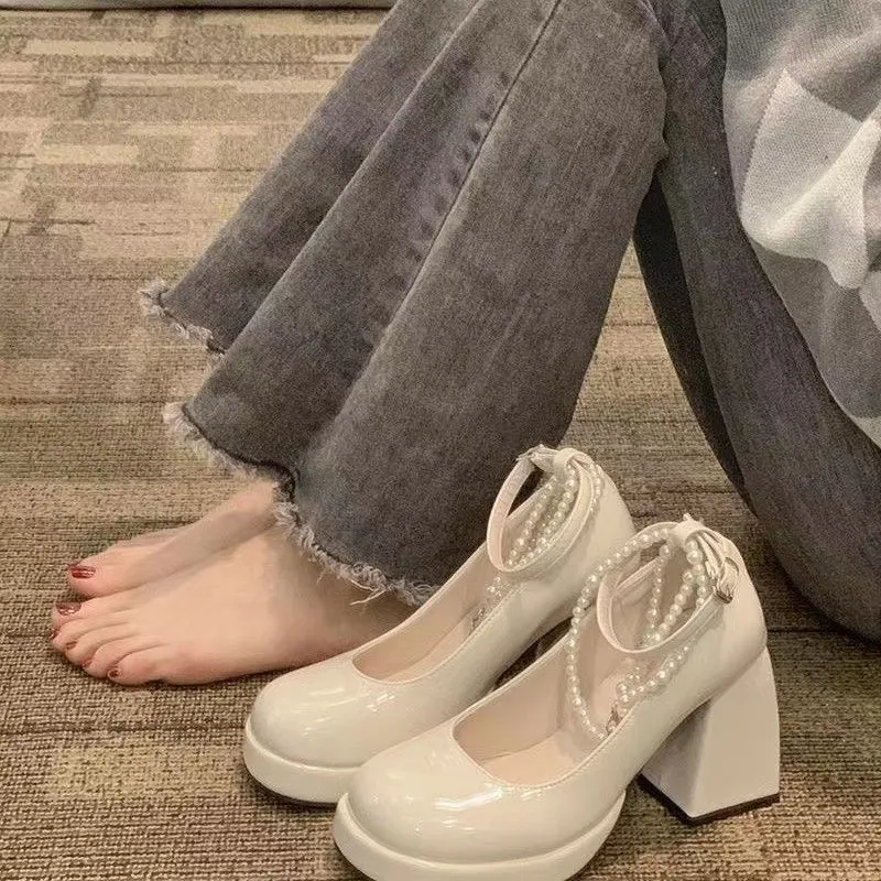 French Retro Pearl Mary Treasure Shoes Women's High Heels 2025 New Summer Thick Bottom And British Small Leather Shoes HZ0115