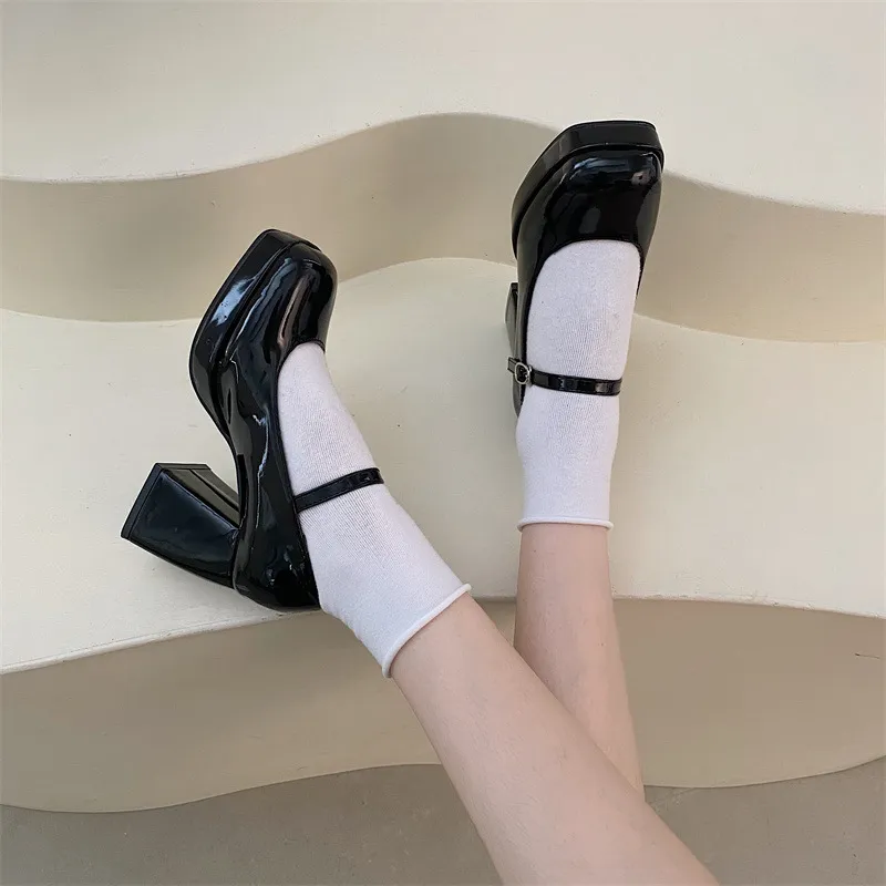Spring And Autumn New Mary Treasure Shoes Women High Heel With Retro Coarse Leather Side Small Leather Shoes Evening Single Shoes Women HZ0115