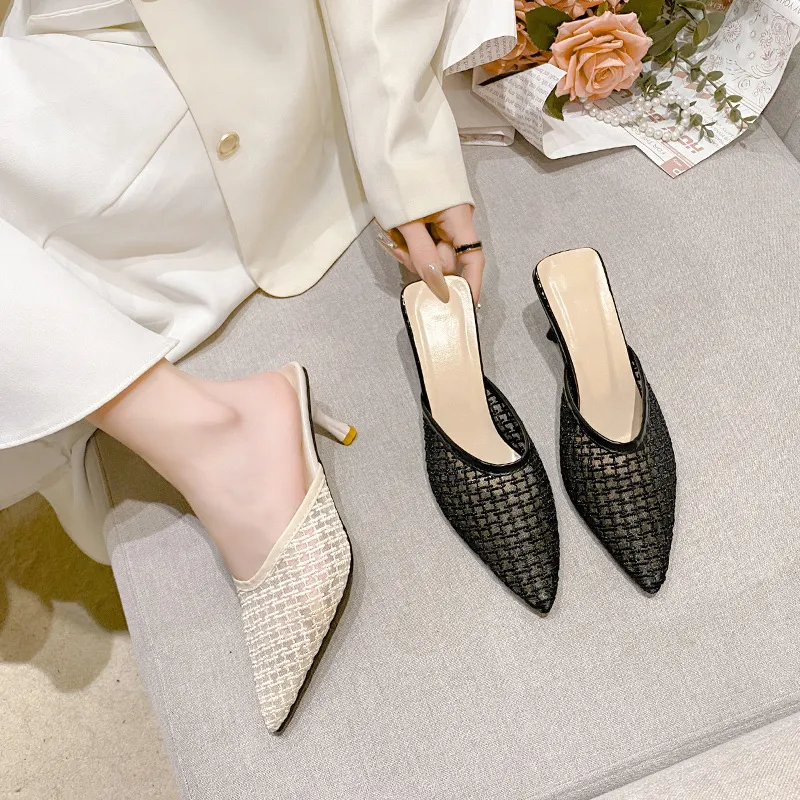 2025 Summer Bao Head Half Drag Woman Wear Fine And Retro Mesh High-Heeled Cool Slippers Pointed Fairy Shoes Female HZ0115