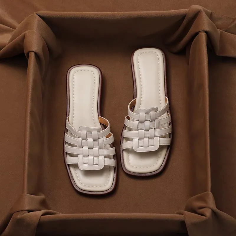 Handmade Soft Skin ~ Great Wear ~ Summer Flat-Bottom Slippers Women Wear Fashion Comfortable One-Word Drag Retro Cool Drag HZ0115