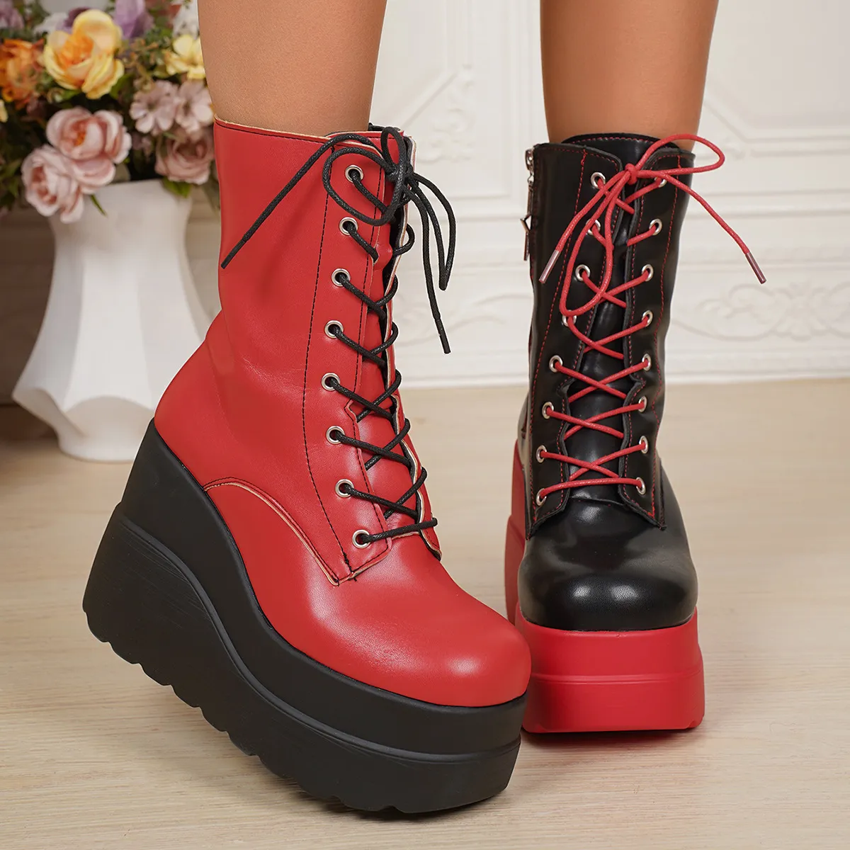 Pin Color Side Zipper Small Sloping And Medium-Sized Boots 2025 New Large-Size Thick-Bottomed Pine Cake Martin Boots HZ0115
