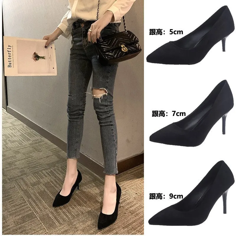 High-Heeled Women 2025 Spring And Autumn New Black Fine Tip Light Mouth Velvet Professional Shoes Large-Size Etiquette Shoes HZ0115