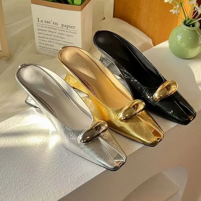 Slippers Women In The Spring And Summer Of 2025 New French Famous Metal Buckle Fish Mouth Side Sexy Cool Drag Wearing High Heels HZ0115