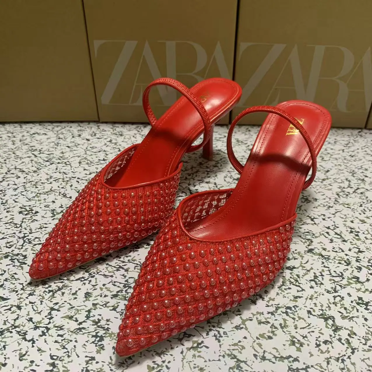 ZA Home 2025 New Pointed Shoes Slippers And Women's Fine With 2025 Summer New Hollow Mesh Yarn Half Drag Woman HZ0115