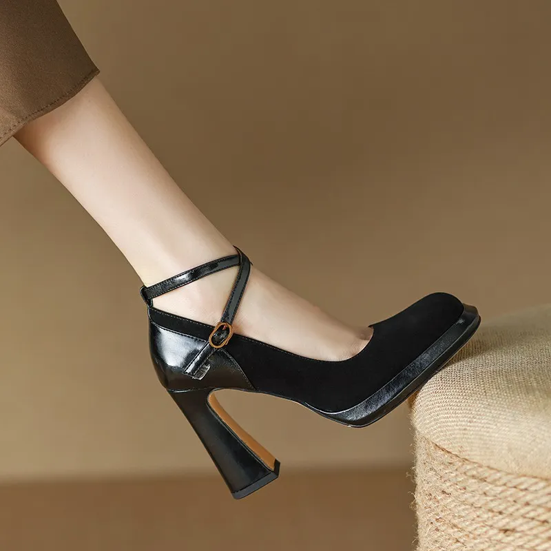 High Heels Mary Jane Women 2025 New Black French Retro Cross-Wear With Square Head Thick Heel Single Shoes HZ0115