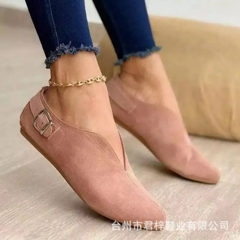 Large-Size Shoes 2025 Spring And Autumn New Single Shoe Tip Belt Buckle Flat Sole Casual Shoes Ladies Single Shoes HZ0115
