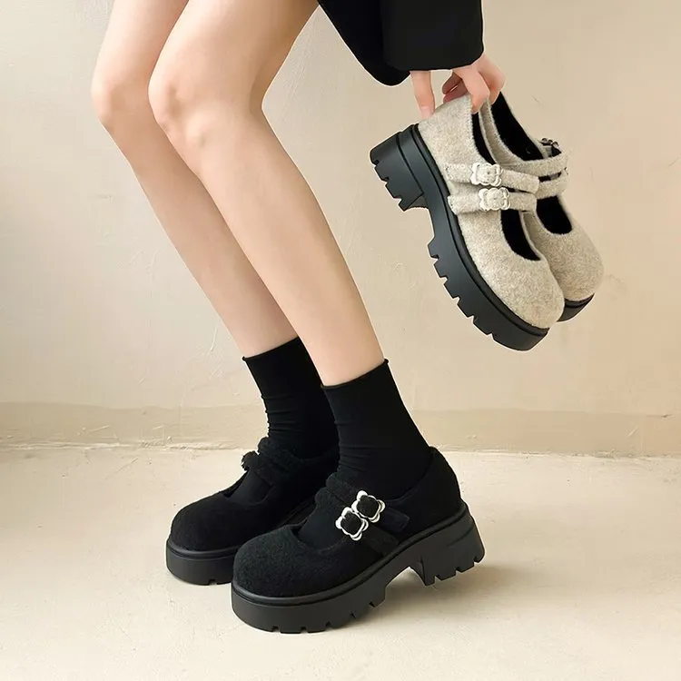Coarse Heeled And Shallow Mary Jane Shoes Women 2025 Spring New Thick-Soled Round Head With Stylish Hairy Shoes HZ0115
