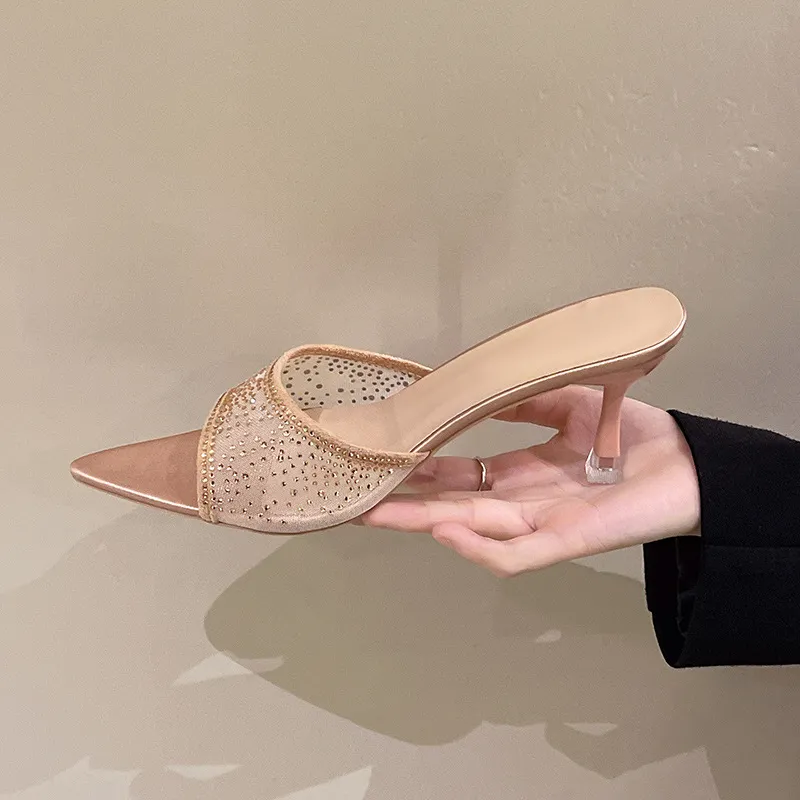 Sexy Pointed High With A Word Slippers Women's Net Yarn Water Toe Fish Mouth Fashion Cold Slippers HZ0115