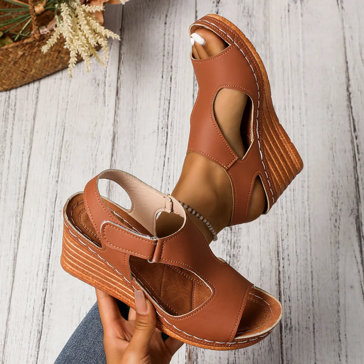 Summer New 2025 Large-Size Sandals Women's Car Sewing Breathable Magic Sticker Hollow Slope Heel Sandals Woman HZ0115