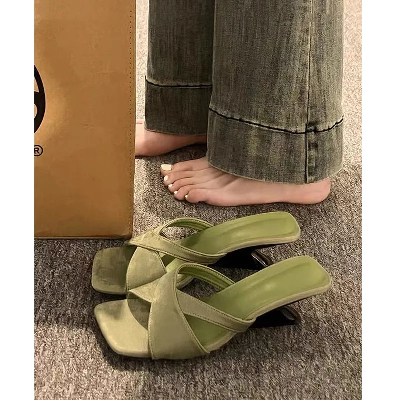 Slippers Women In The Summer Of 2025 New French Slope With A Square Head Cool Drag Toe Wearing High Heels HZ0115
